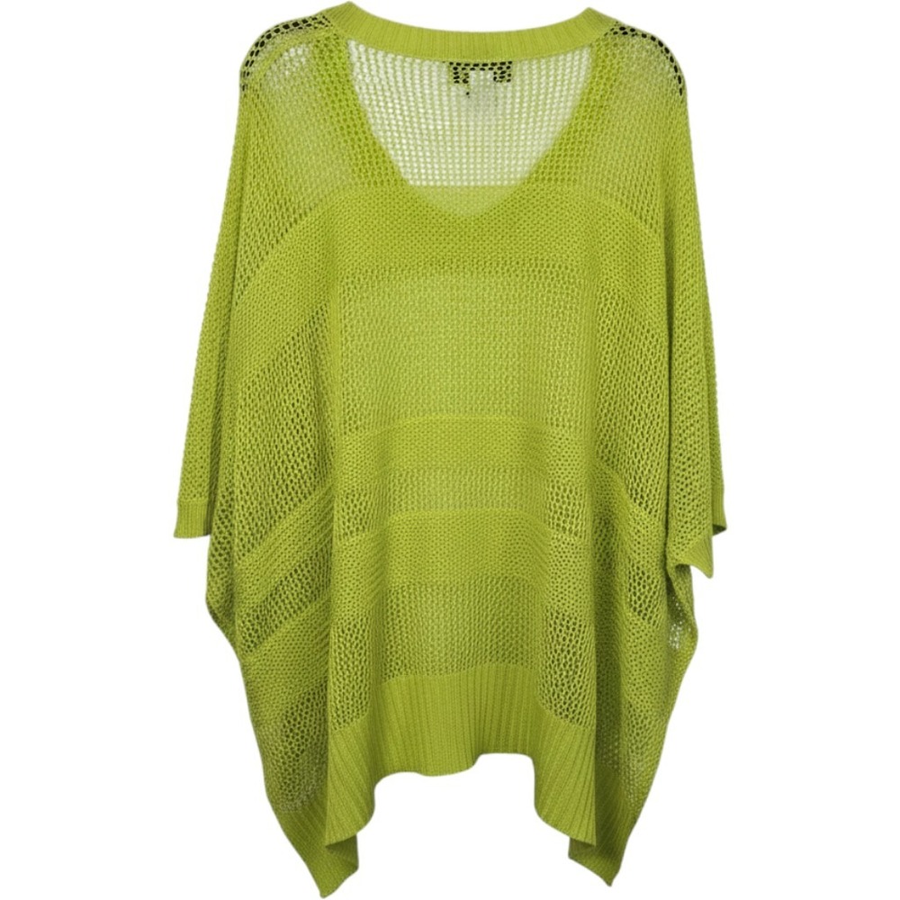 Joan Vass Lime Green Linen Blend Open Knit Poncho Sweater V-Neck One Size Womens - Picture 2 of 4